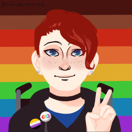 A person in a wheelchair cropped at the chest in front of a rainbow background. They are white with blue eyes and freckles. They have short red hair and wear nonbinary and autistic pride pins. the image is credited as @ infinatemacaroni
